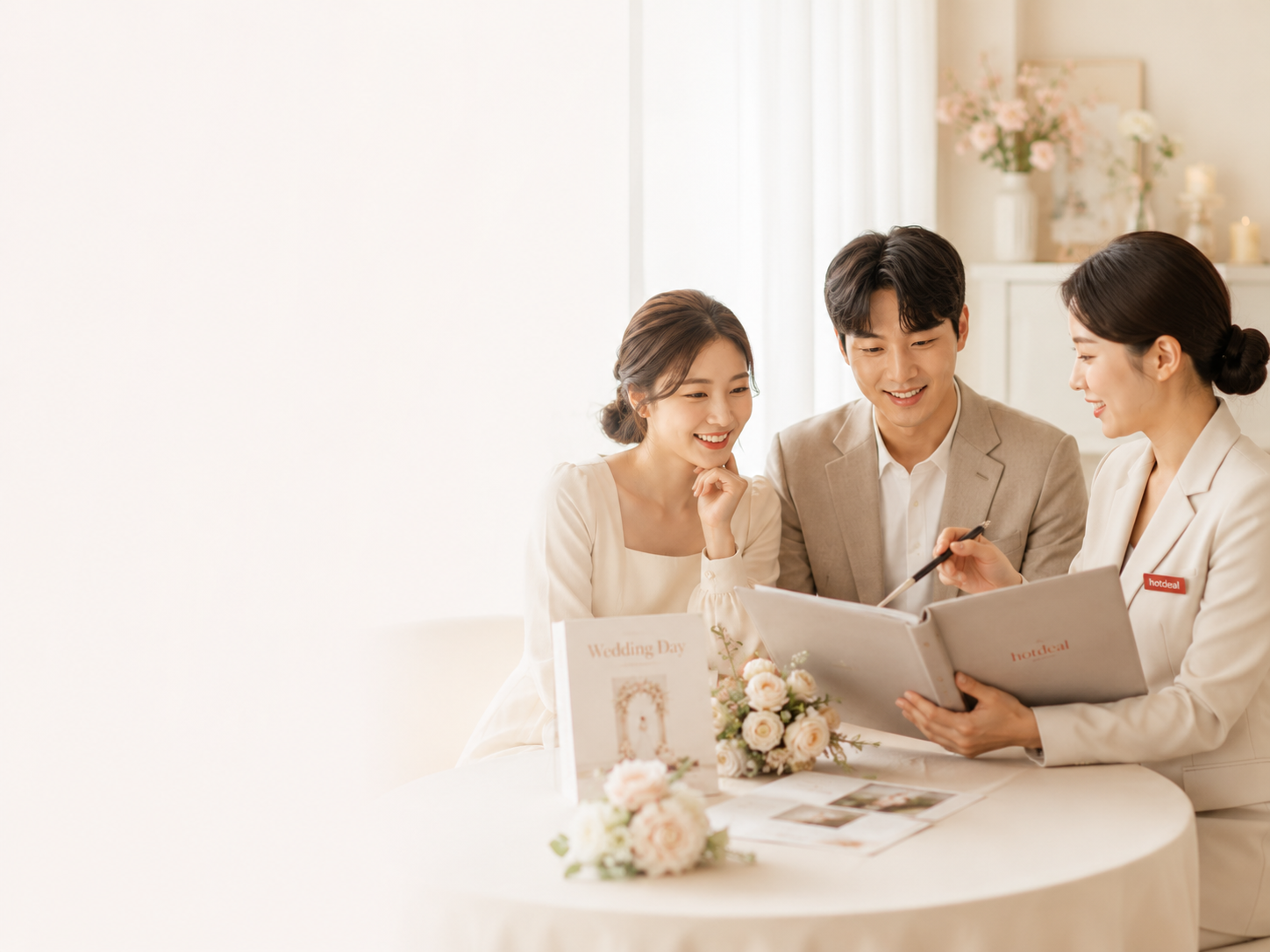 한국인 예비부부가 웨딩 전문가와 예식 준비와 웨딩 서비스를 상담하는 모습