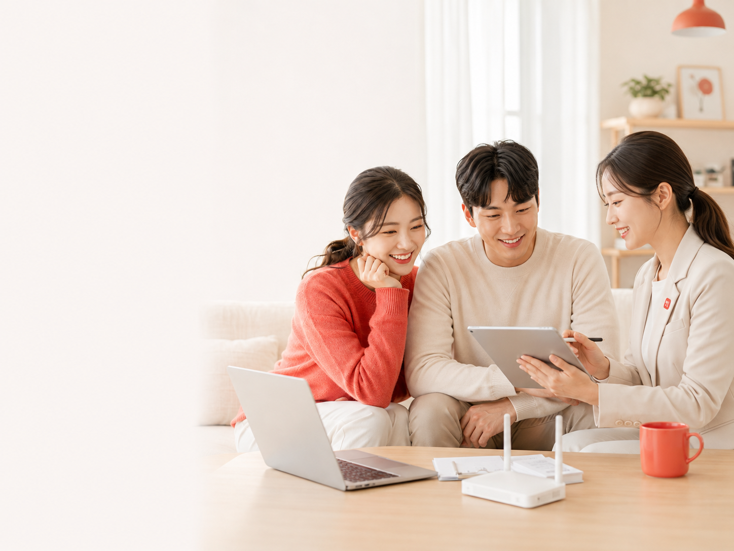 밝은 거실에서 한국인 고객이 인터넷 전문가와 인터넷 가입과 설치 조건을 확인하는 모습